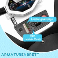 Weisses 12V Kinder-Quad mit 4-Rad-Federung und MP3-Funktion, ideal für 3-5 Jahre. Bietet Fahrkomfort und Unterhaltung auf jedem Terrain.