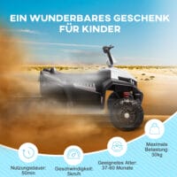 Weisses 12V Kinder-Quad mit 4-Rad-Federung und MP3-Funktion, ideal für 3-5 Jahre. Bietet Fahrkomfort und Unterhaltung auf jedem Terrain.