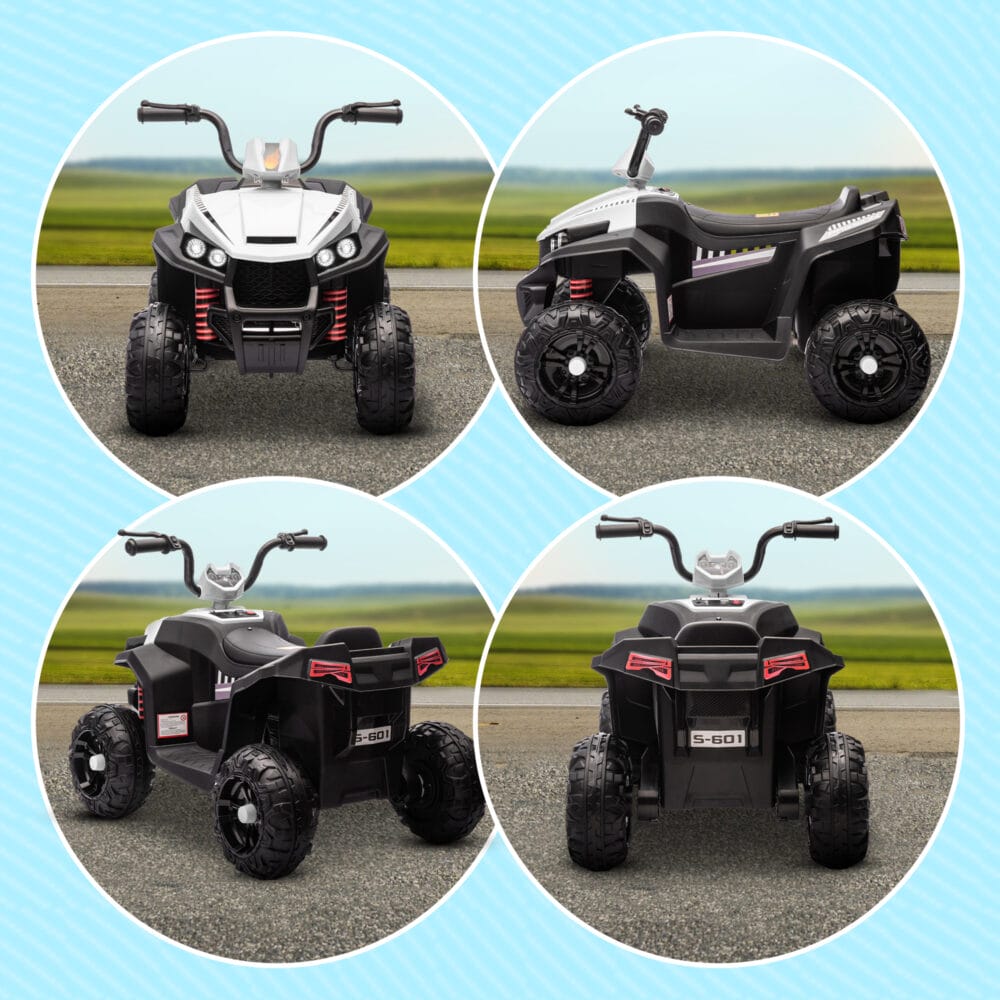 Weisses 12V Kinder-Quad mit 4-Rad-Federung und MP3-Funktion, ideal für 3-5 Jahre. Bietet Fahrkomfort und Unterhaltung auf jedem Terrain.