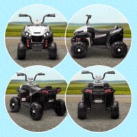 Weisses 12V Kinder-Quad mit 4-Rad-Federung und MP3-Funktion, ideal für 3-5 Jahre. Bietet Fahrkomfort und Unterhaltung auf jedem Terrain.