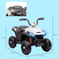 Weisses 12V Kinder-Quad mit 4-Rad-Federung und MP3-Funktion, ideal für 3-5 Jahre. Bietet Fahrkomfort und Unterhaltung auf jedem Terrain.