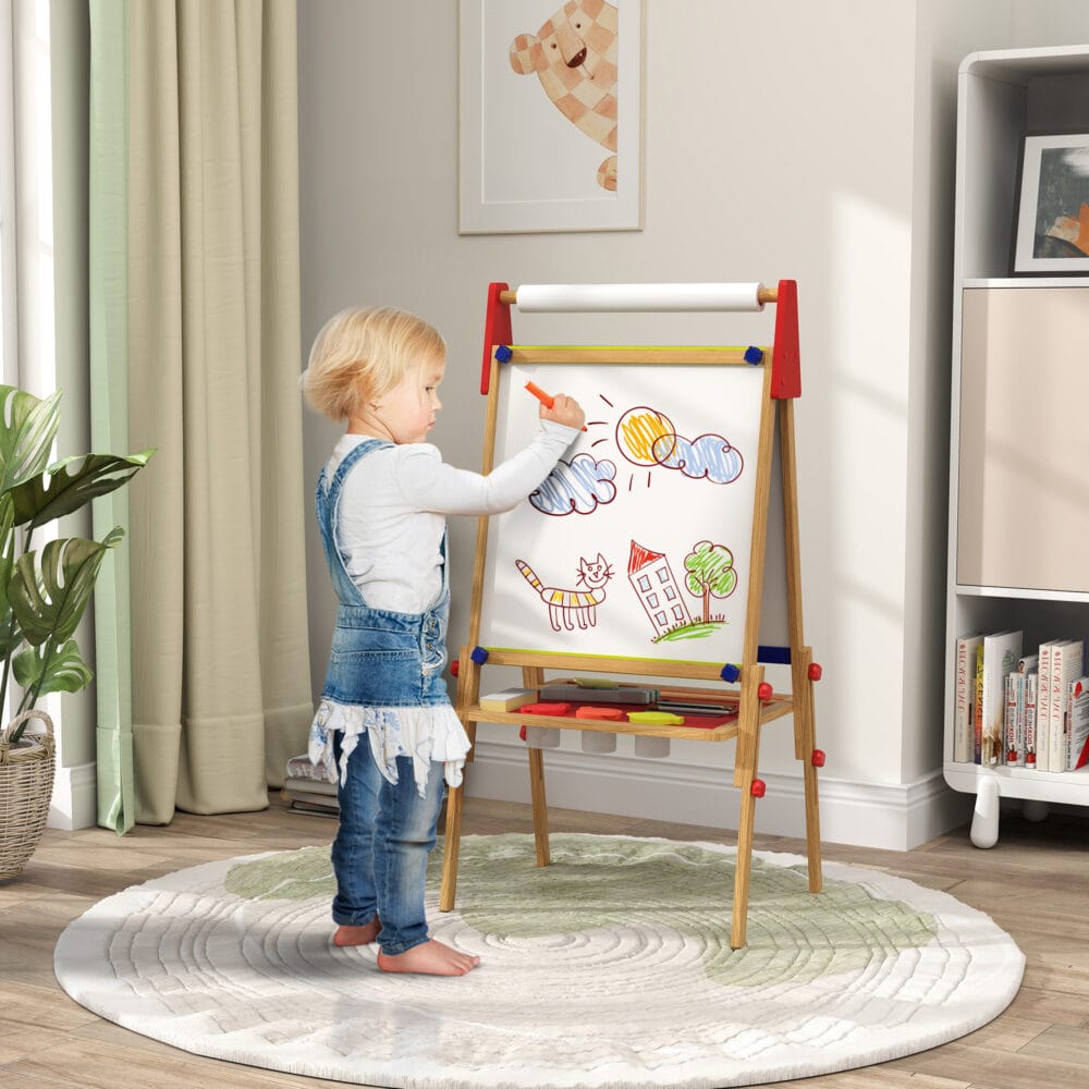 Naturholz 3-in-1 Kinder-Wandtafel, höhenverstellbar mit Ablage und Farbbechern. Vielseitig einsetzbar für Malen und Lernen.