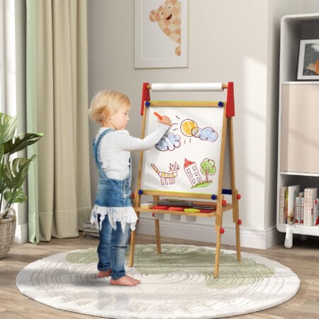 Naturholz 3-in-1 Kinder-Wandtafel, höhenverstellbar mit Ablage und Farbbechern. Vielseitig einsetzbar für Malen und Lernen.