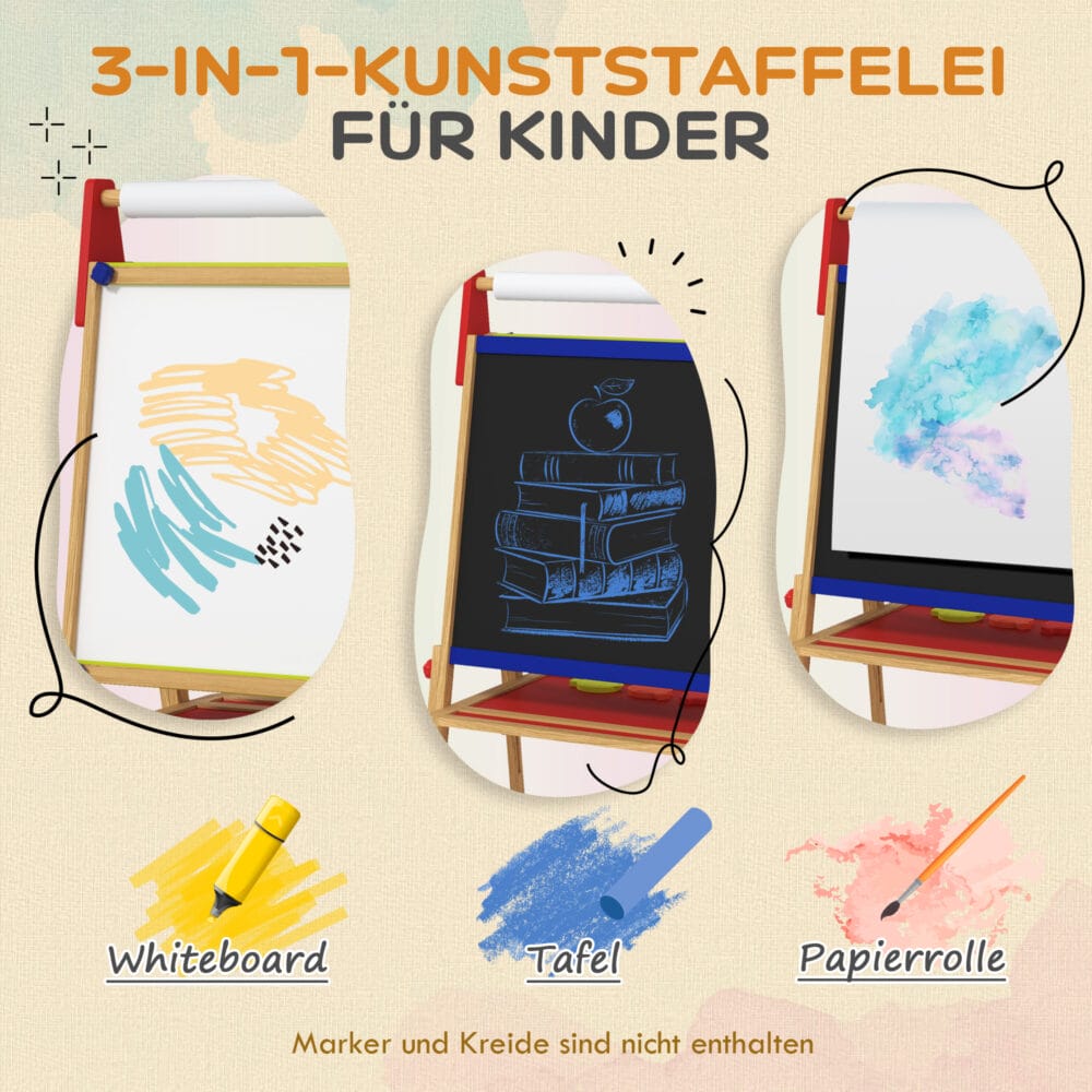 Naturholz 3-in-1 Kinder-Wandtafel, höhenverstellbar mit Ablage und Farbbechern. Vielseitig einsetzbar für Malen und Lernen.