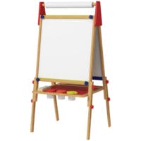 Naturholz 3-in-1 Kinder-Wandtafel, höhenverstellbar mit Ablage und Farbbechern. Vielseitig einsetzbar für Malen und Lernen.