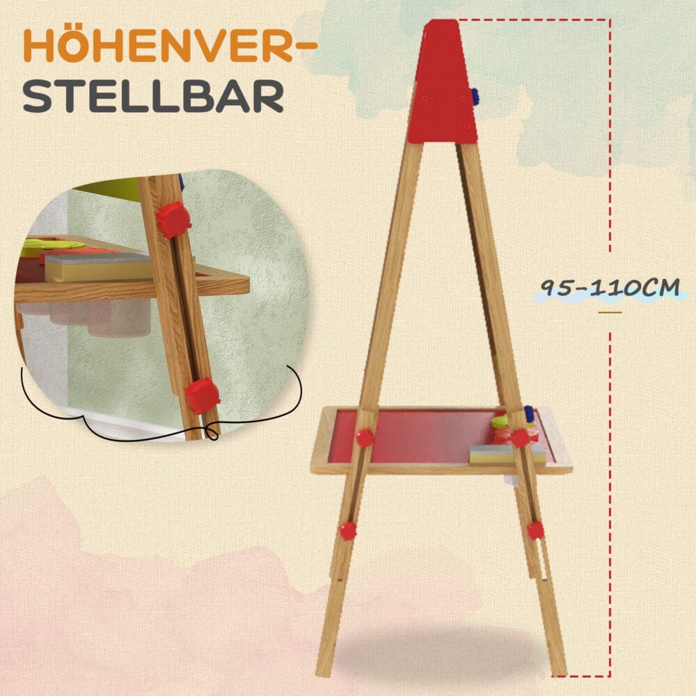 Naturholz 3-in-1 Kinder-Wandtafel, höhenverstellbar mit Ablage und Farbbechern. Vielseitig einsetzbar für Malen und Lernen.