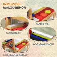 Naturholz 3-in-1 Kinder-Wandtafel, höhenverstellbar mit Ablage und Farbbechern. Vielseitig einsetzbar für Malen und Lernen.