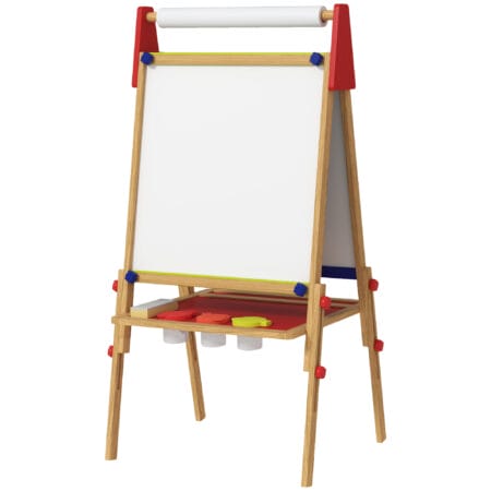 Naturholz 3-in-1 Kinder-Wandtafel, höhenverstellbar mit Ablage und Farbbechern. Vielseitig einsetzbar für Malen und Lernen.
