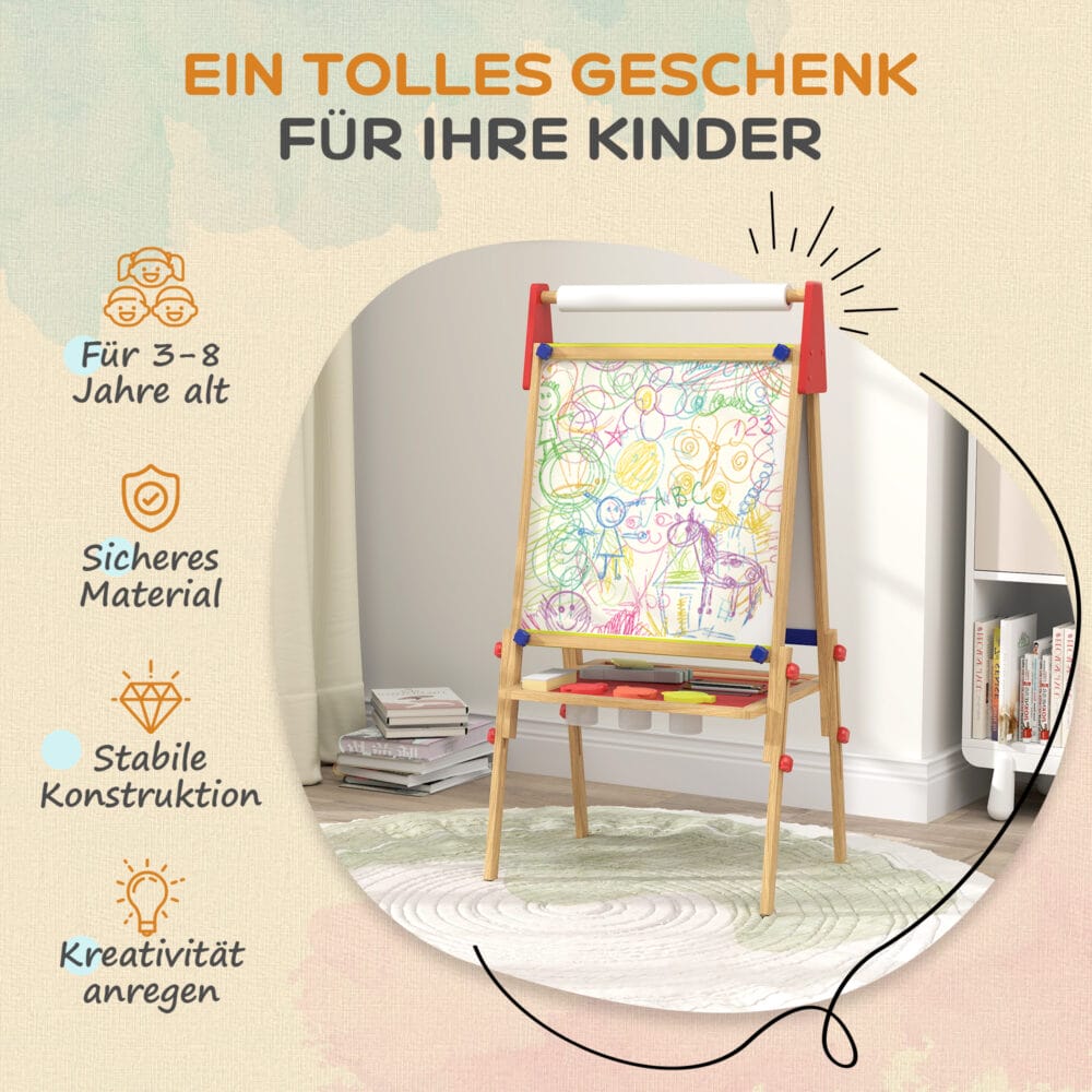Naturholz 3-in-1 Kinder-Wandtafel, höhenverstellbar mit Ablage und Farbbechern. Vielseitig einsetzbar für Malen und Lernen.