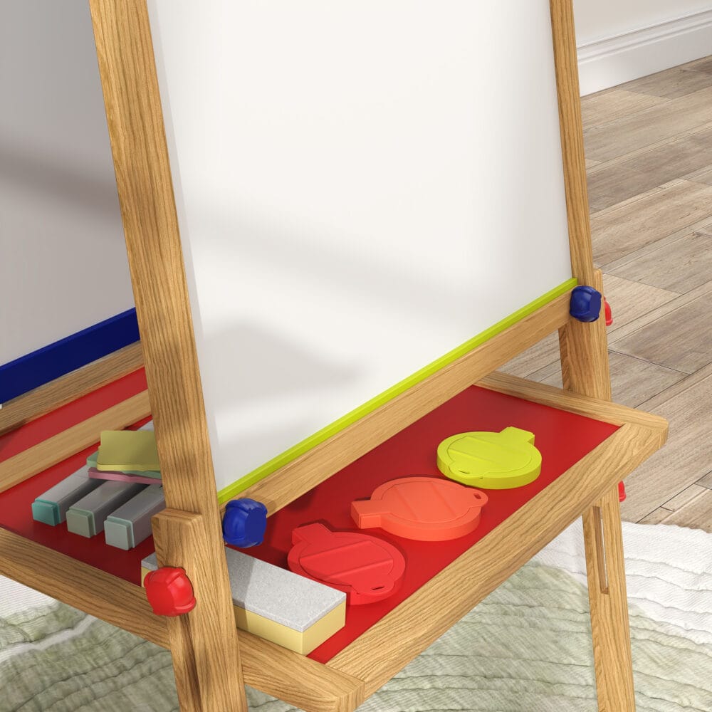 Naturholz 3-in-1 Kinder-Wandtafel, höhenverstellbar mit Ablage und Farbbechern. Vielseitig einsetzbar für Malen und Lernen.