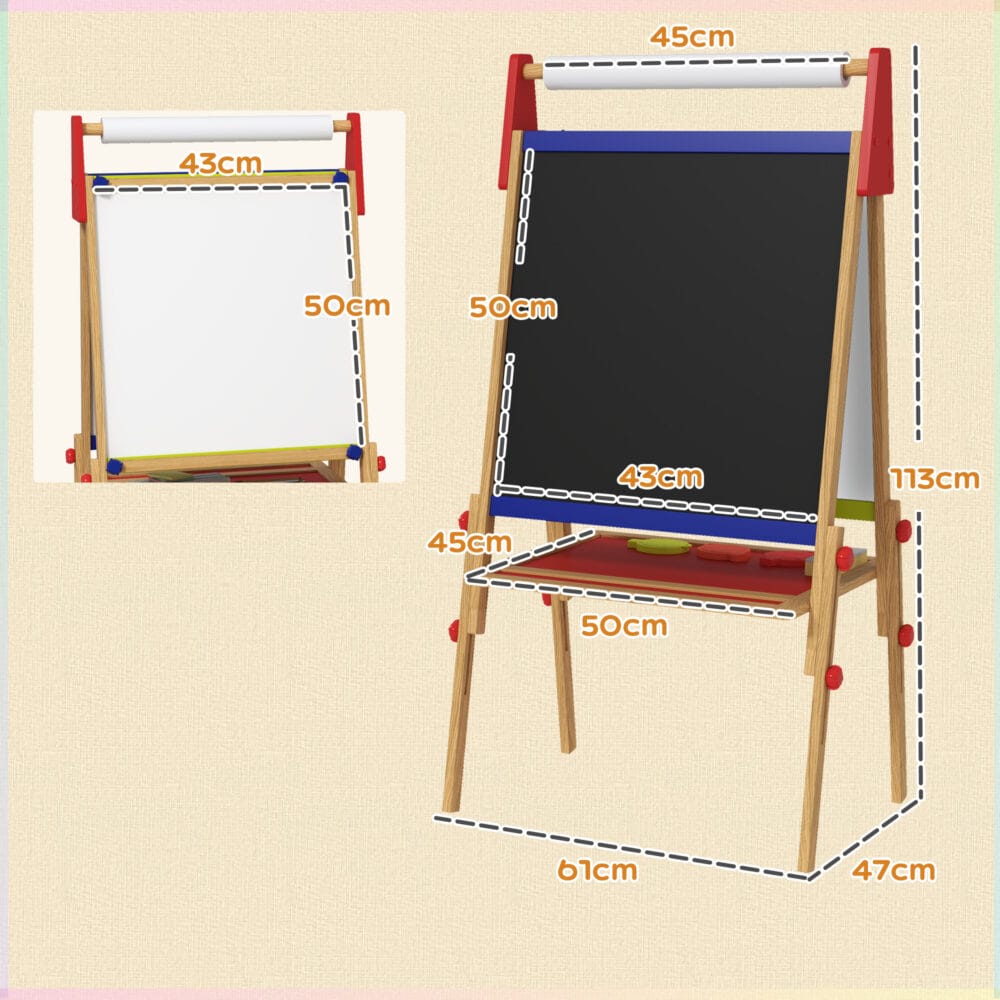 Naturholz 3-in-1 Kinder-Wandtafel, höhenverstellbar mit Ablage und Farbbechern. Vielseitig einsetzbar für Malen und Lernen.