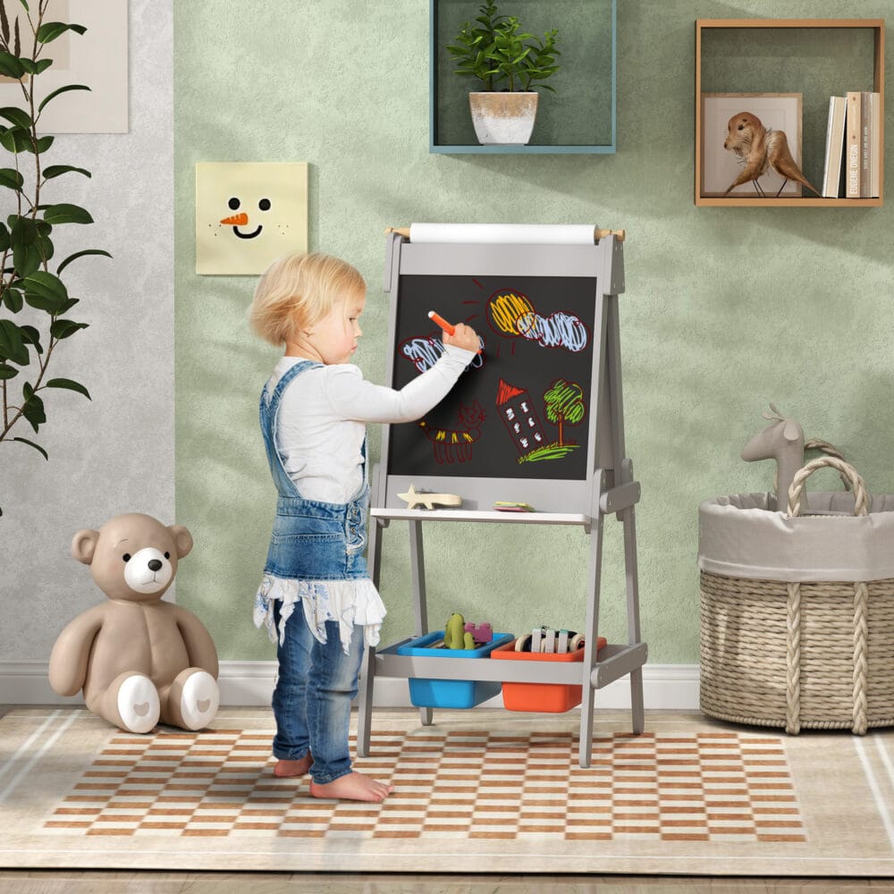 Graue 3-in-1 Kinder-Wandtafel mit Whiteboard und Ablage, ideal für Kinder von 3-8 Jahren. Fördert Kreativität und Ordnung.