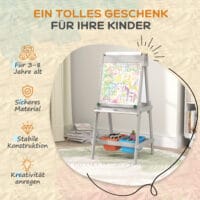 Graue 3-in-1 Kinder-Wandtafel mit Whiteboard und Ablage, ideal für Kinder von 3-8 Jahren. Fördert Kreativität und Ordnung.