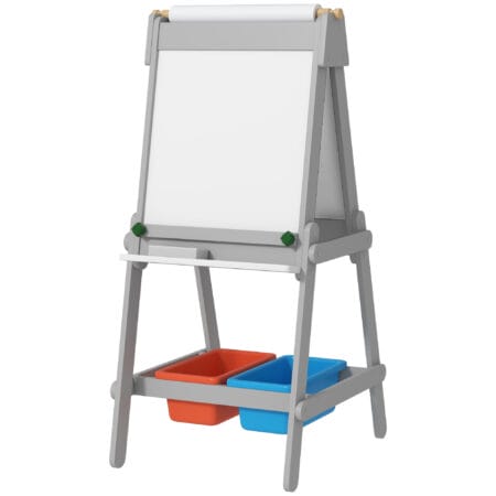 Graue 3-in-1 Kinder-Wandtafel mit Whiteboard und Ablage, ideal für Kinder von 3-8 Jahren. Fördert Kreativität und Ordnung.