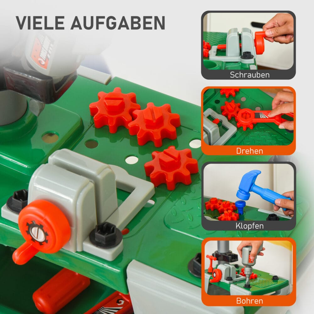 Kinder-Werkbank mit 37-teiligem Zubehör, Spielzeug für kreative Rollenspiele und handwerkliche Aktivitäten.