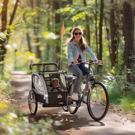 Grauer 2-in-1 klappbarer Kinderanhänger für zwei Kinder, belastbar bis 264kg. Ideal für Familienausflüge und einfach zu transportieren.