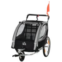 Grauer 2-in-1 klappbarer Kinderanhänger für zwei Kinder, belastbar bis 264kg. Ideal für Familienausflüge und einfach zu transportieren.
