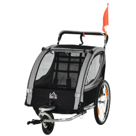 Grauer 2-in-1 klappbarer Kinderanhänger für zwei Kinder, belastbar bis 264kg. Ideal für Familienausflüge und einfach zu transportieren.