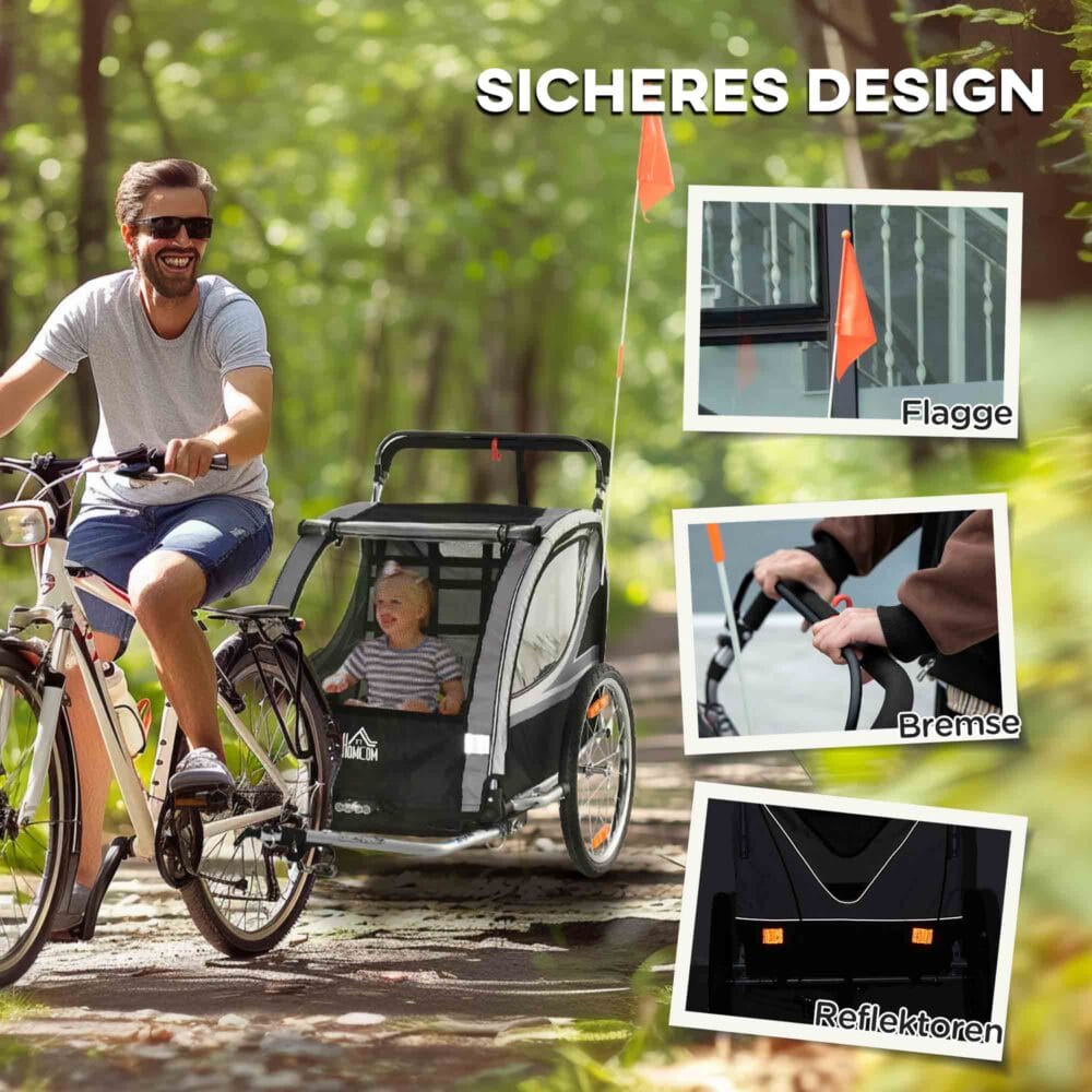 Grauer 2-in-1 klappbarer Kinderanhänger für zwei Kinder, belastbar bis 264kg. Ideal für Familienausflüge und einfach zu transportieren.