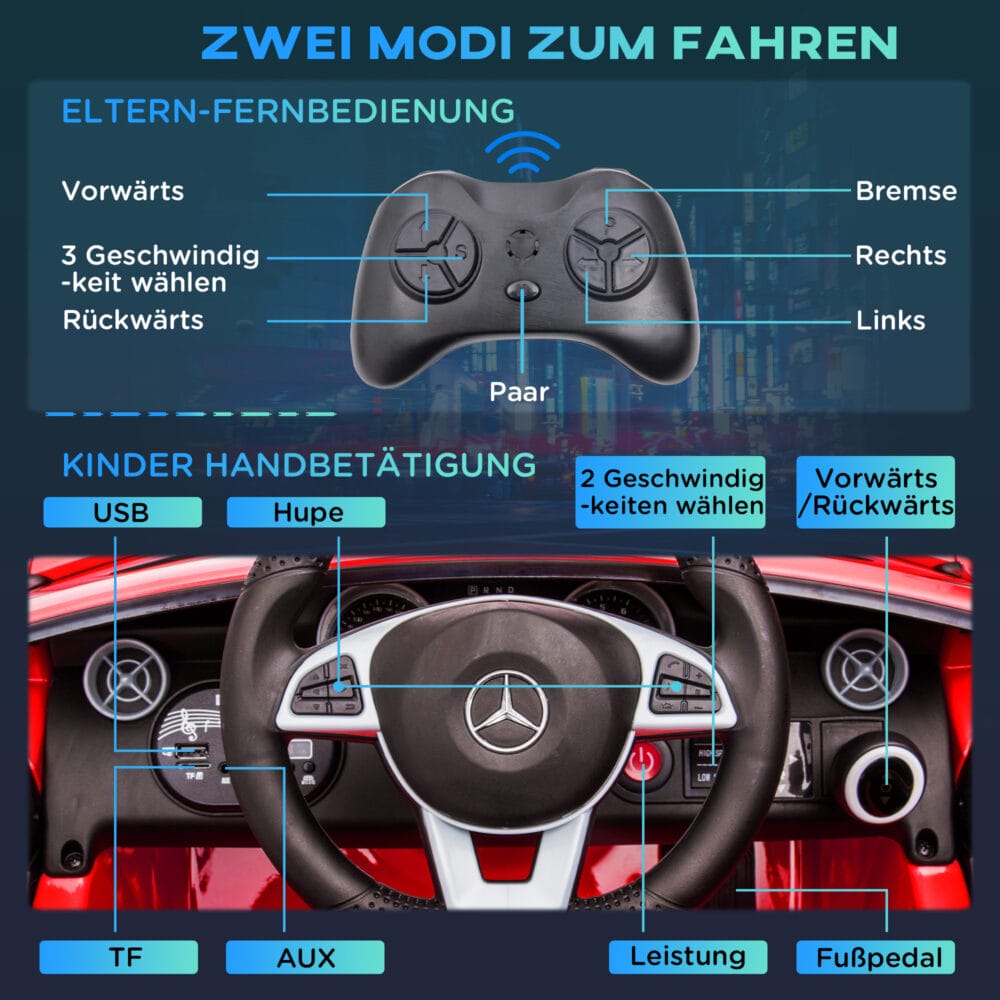 Rotes Elektrofahrzeug für Kinder, belastbar bis 30kg, mit 3-Gang-Schaltung und Fernbedienung für die Eltern.