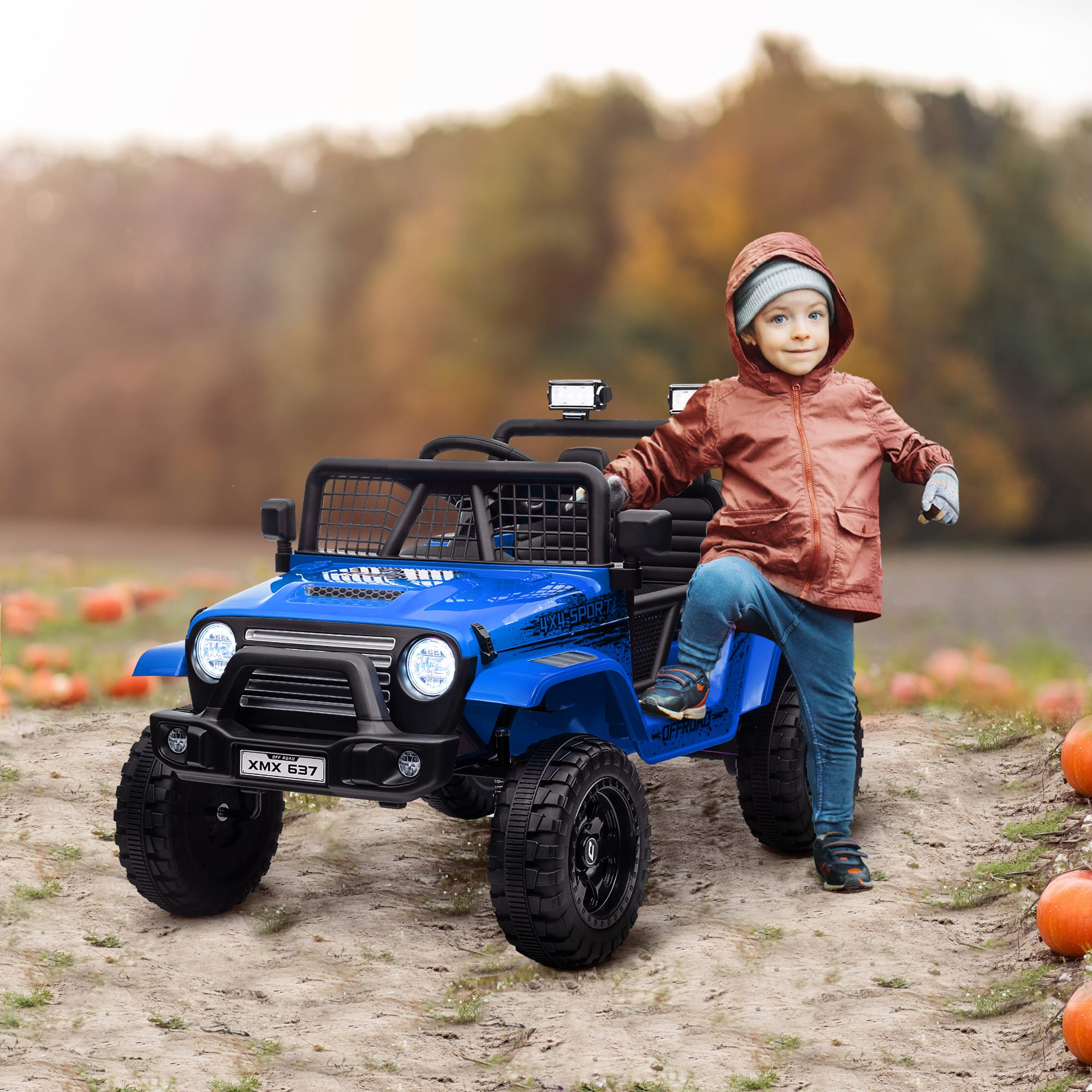 Blauer 12V Geländewagen als Kinderauto mit Fernbedienung, ideal für Kinder von 3-6 Jahren. Bereit für jedes Abenteuer.