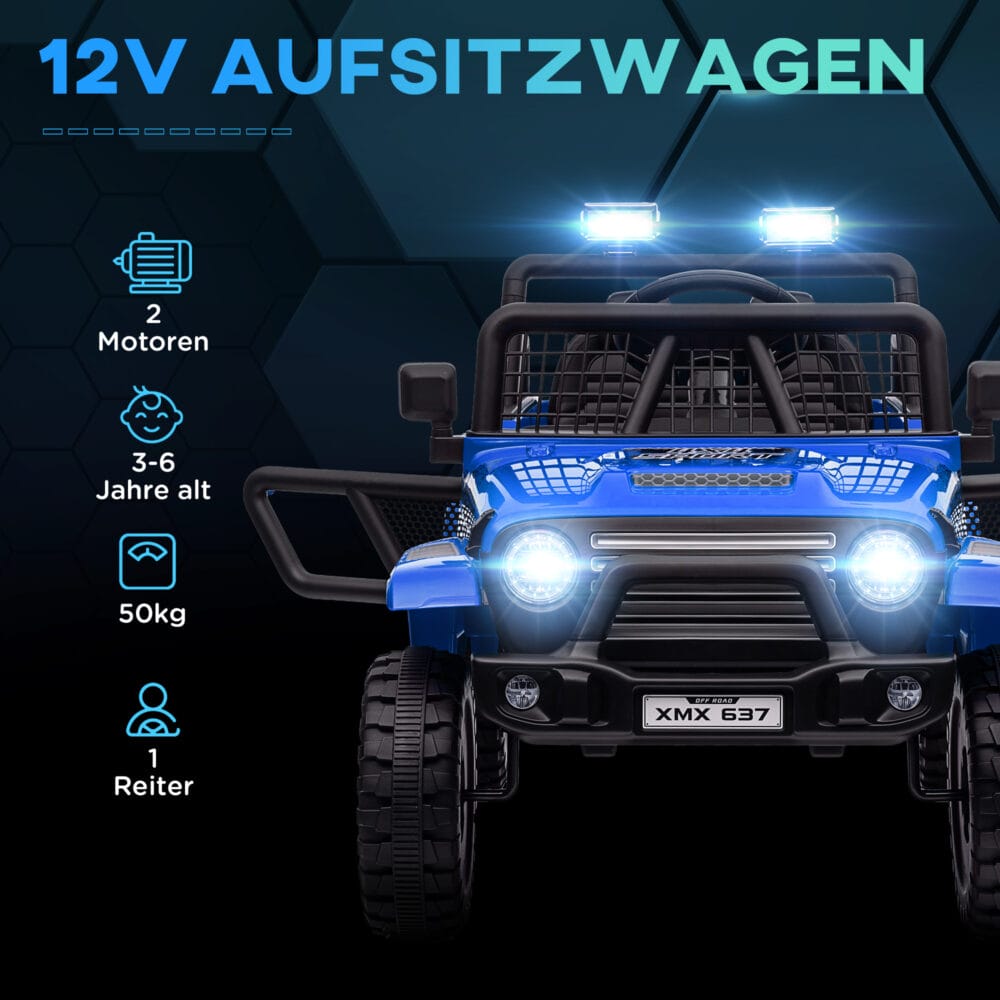 Blauer 12V Geländewagen als Kinderauto mit Fernbedienung, ideal für Kinder von 3-6 Jahren. Bereit für jedes Abenteuer.