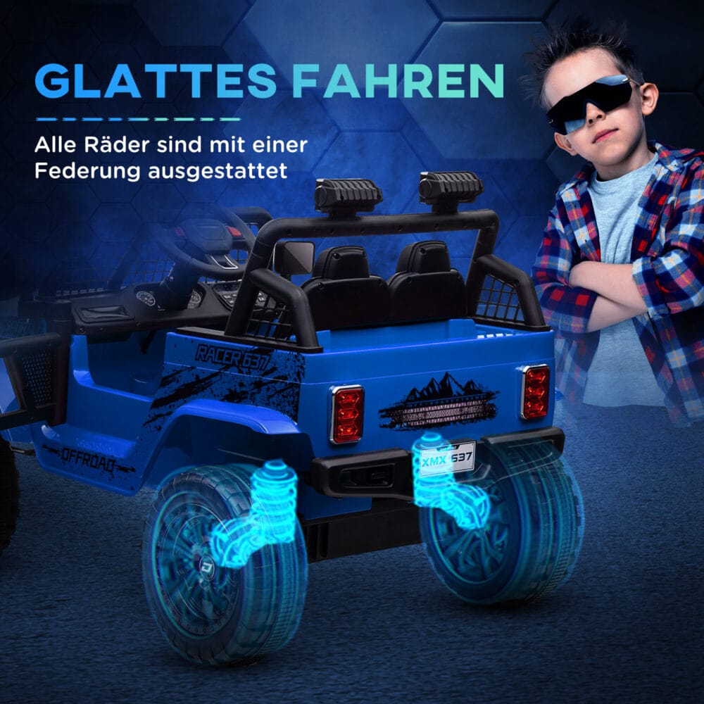 Blauer 12V Geländewagen als Kinderauto mit Fernbedienung, ideal für Kinder von 3-6 Jahren. Bereit für jedes Abenteuer.