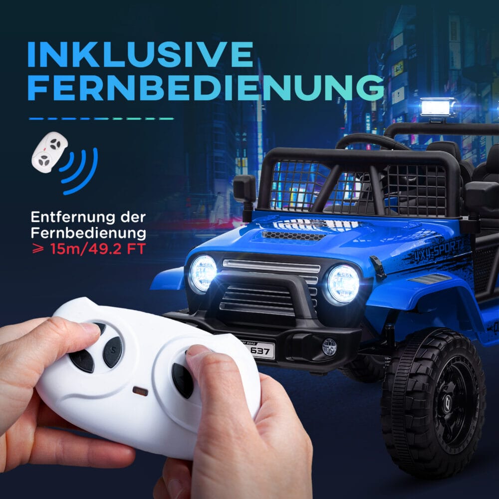 Blauer 12V Geländewagen als Kinderauto mit Fernbedienung, ideal für Kinder von 3-6 Jahren. Bereit für jedes Abenteuer.