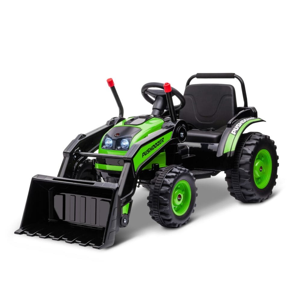 Grüner Elektrobagger für Kinder mit voll beweglichen Schaufelarmen. Er bietet realistische Bau-Erlebnisse im Garten oder Sandkasten.
