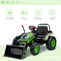 Grüner Elektrobagger für Kinder mit voll beweglichen Schaufelarmen. Er bietet realistische Bau-Erlebnisse im Garten oder Sandkasten.
