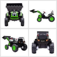 Grüner Elektrobagger für Kinder mit voll beweglichen Schaufelarmen. Er bietet realistische Bau-Erlebnisse im Garten oder Sandkasten.