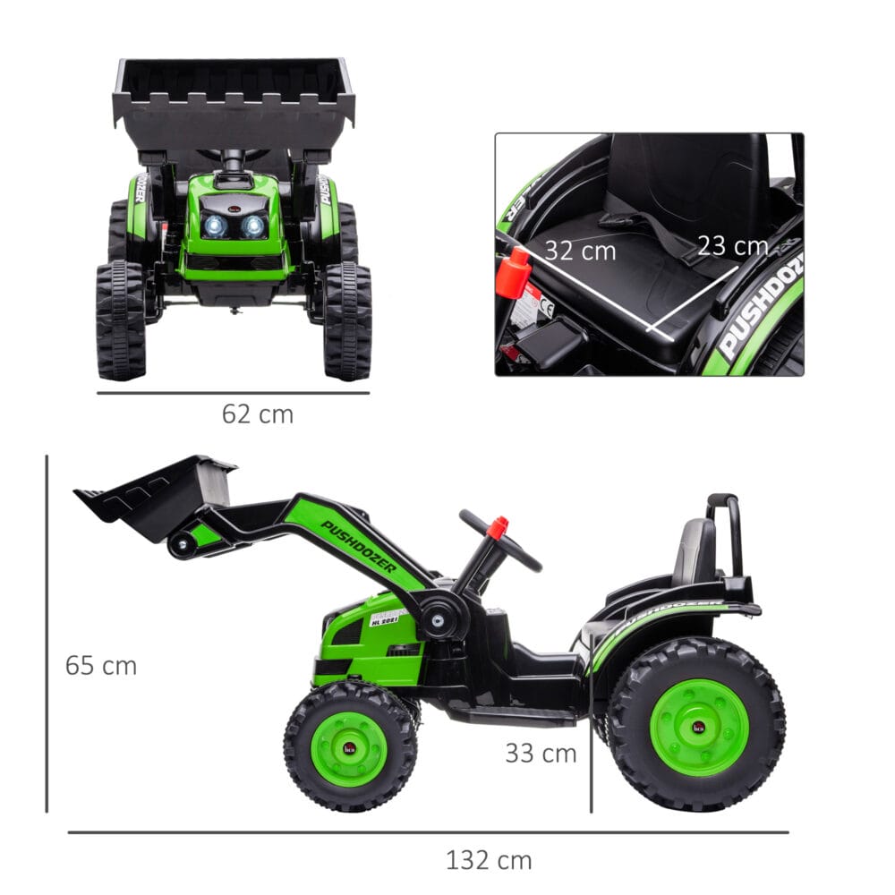 Grüner Elektrobagger für Kinder mit voll beweglichen Schaufelarmen. Er bietet realistische Bau-Erlebnisse im Garten oder Sandkasten.