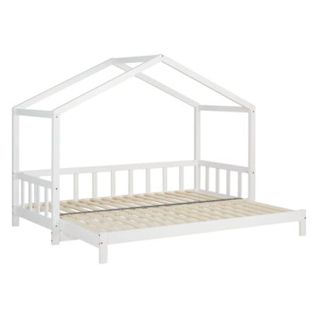 Weisses Kinderbett 90x200 cm mit zusätzlicher Liegefläche.