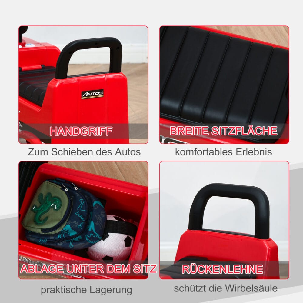 Rot-schwarzes Kinderfahrzeug im Design eines Mercedes-LKW mit funktionierendem Licht. Ein beeindruckendes Spielzeug für kleine Fahrer.