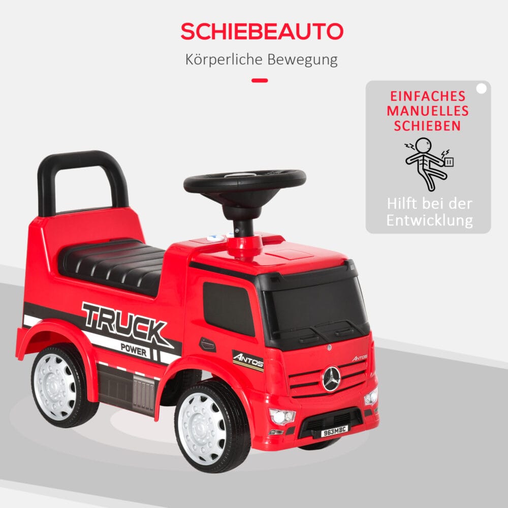 Rot-schwarzes Kinderfahrzeug im Design eines Mercedes-LKW mit funktionierendem Licht. Ein beeindruckendes Spielzeug für kleine Fahrer.