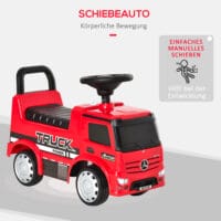 Rot-schwarzes Kinderfahrzeug im Design eines Mercedes-LKW mit funktionierendem Licht. Ein beeindruckendes Spielzeug für kleine Fahrer.