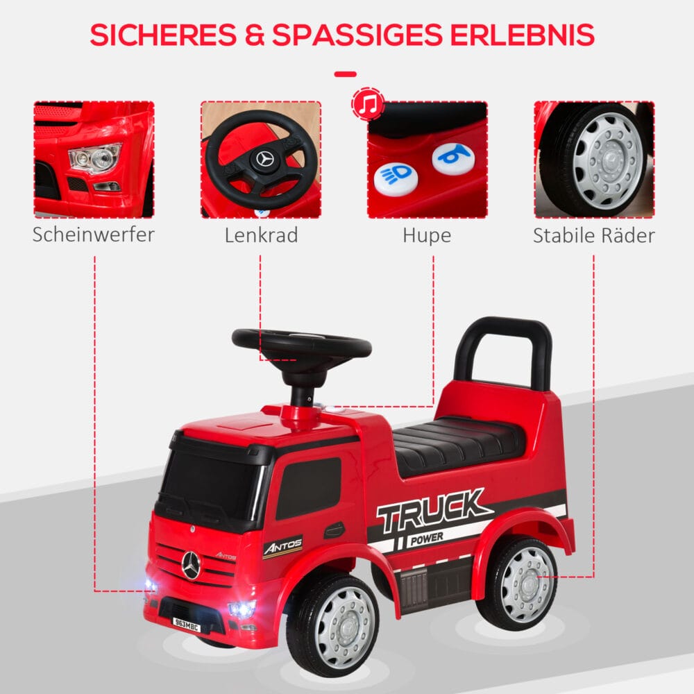 Rot-schwarzes Kinderfahrzeug im Design eines Mercedes-LKW mit funktionierendem Licht. Ein beeindruckendes Spielzeug für kleine Fahrer.