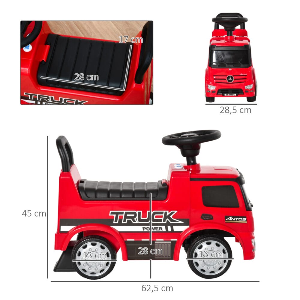 Rot-schwarzes Kinderfahrzeug im Design eines Mercedes-LKW mit funktionierendem Licht. Ein beeindruckendes Spielzeug für kleine Fahrer.