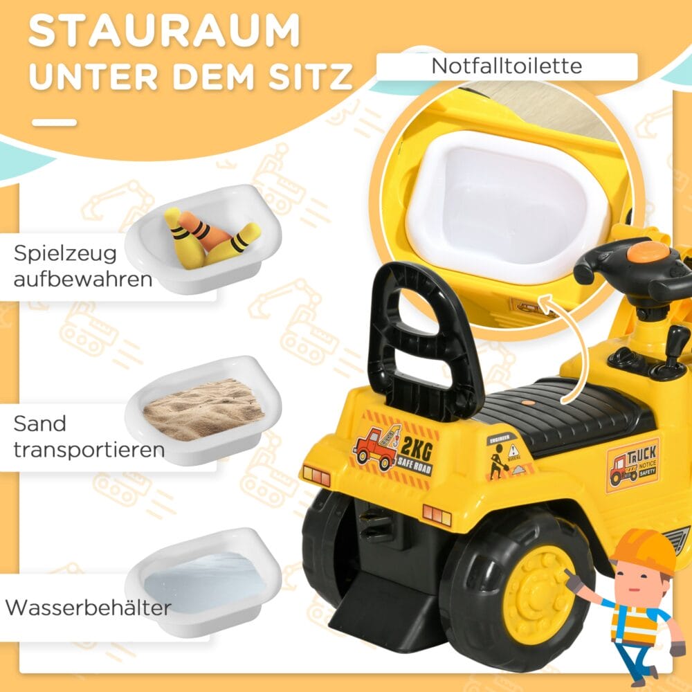 Gelber Kinderbagger als Rutschauto mit funktionsfähiger Hupe und praktischem Ablagefach unter dem Sitz. Das Fahrzeug fördert die Motorik und bietet stundenlangen Spielspass für kleine Baumeister.