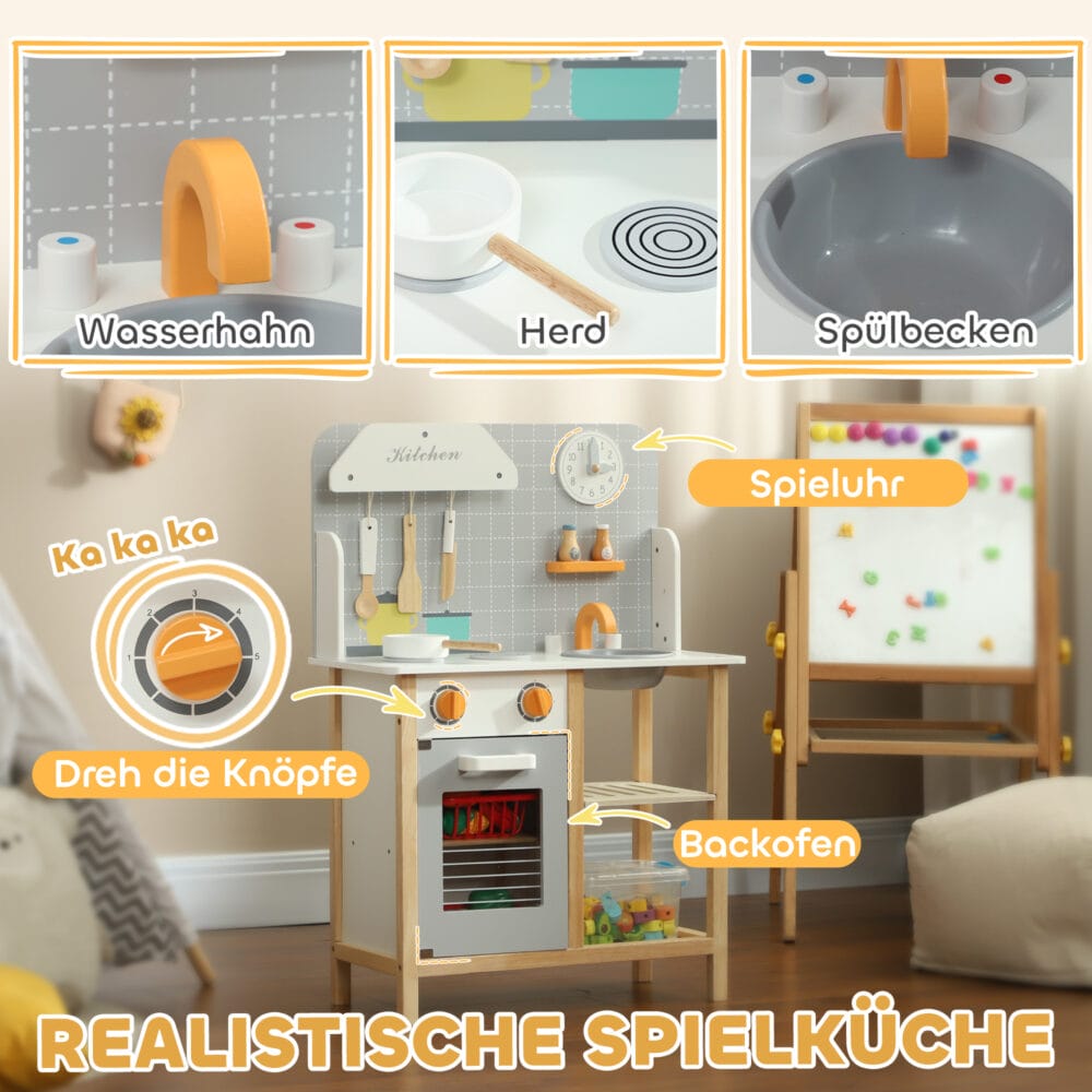 Graue Kinderküche mit Herd, Backofen und Wasserhahn, perfekt für Kinder von 3-6 Jahren. Sie fördert kreatives Rollenspiel und die Entwicklung feinmotorischer Fähigkeiten.