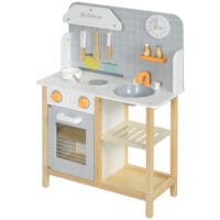 Graue Kinderküche mit Herd, Backofen und Wasserhahn, perfekt für Kinder von 3-6 Jahren. Sie fördert kreatives Rollenspiel und die Entwicklung feinmotorischer Fähigkeiten.