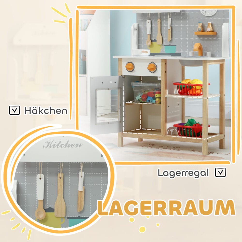 Graue Kinderküche mit Herd, Backofen und Wasserhahn, perfekt für Kinder von 3-6 Jahren. Sie fördert kreatives Rollenspiel und die Entwicklung feinmotorischer Fähigkeiten.