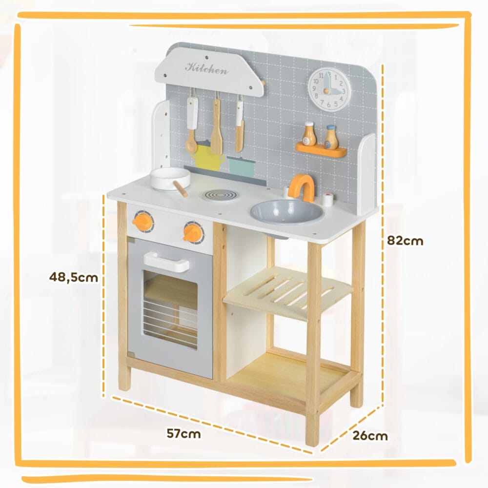 Graue Kinderküche mit Herd, Backofen und Wasserhahn, perfekt für Kinder von 3-6 Jahren. Sie fördert kreatives Rollenspiel und die Entwicklung feinmotorischer Fähigkeiten.