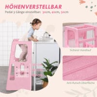 Rosa Kinderleiter Lernturm höhenverstellbar bis 65 kg, Montessori inspiriert für kleine Entdecker und ihre Sicherheit.