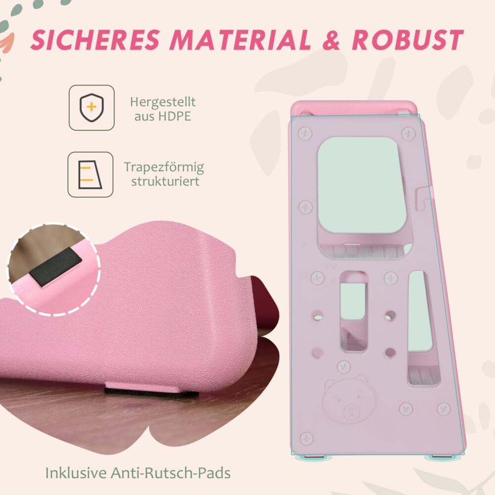 Rosa Kinderleiter Lernturm höhenverstellbar bis 65 kg, Montessori inspiriert für kleine Entdecker und ihre Sicherheit.