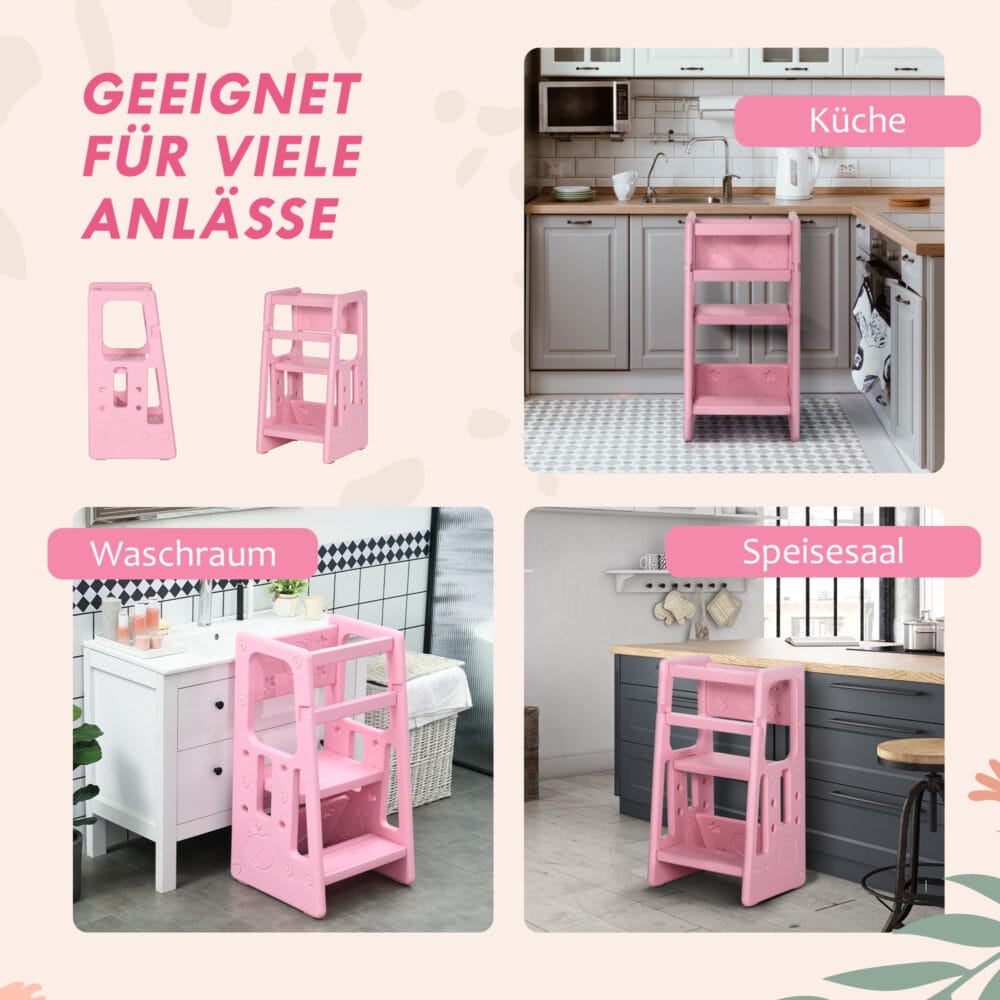 Rosa Kinderleiter Lernturm höhenverstellbar bis 65 kg, Montessori inspiriert für kleine Entdecker und ihre Sicherheit.