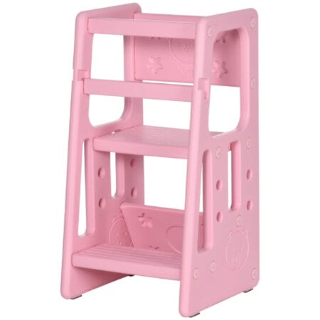 Rosa Kinderleiter Lernturm höhenverstellbar bis 65 kg, Montessori inspiriert für kleine Entdecker und ihre Sicherheit.