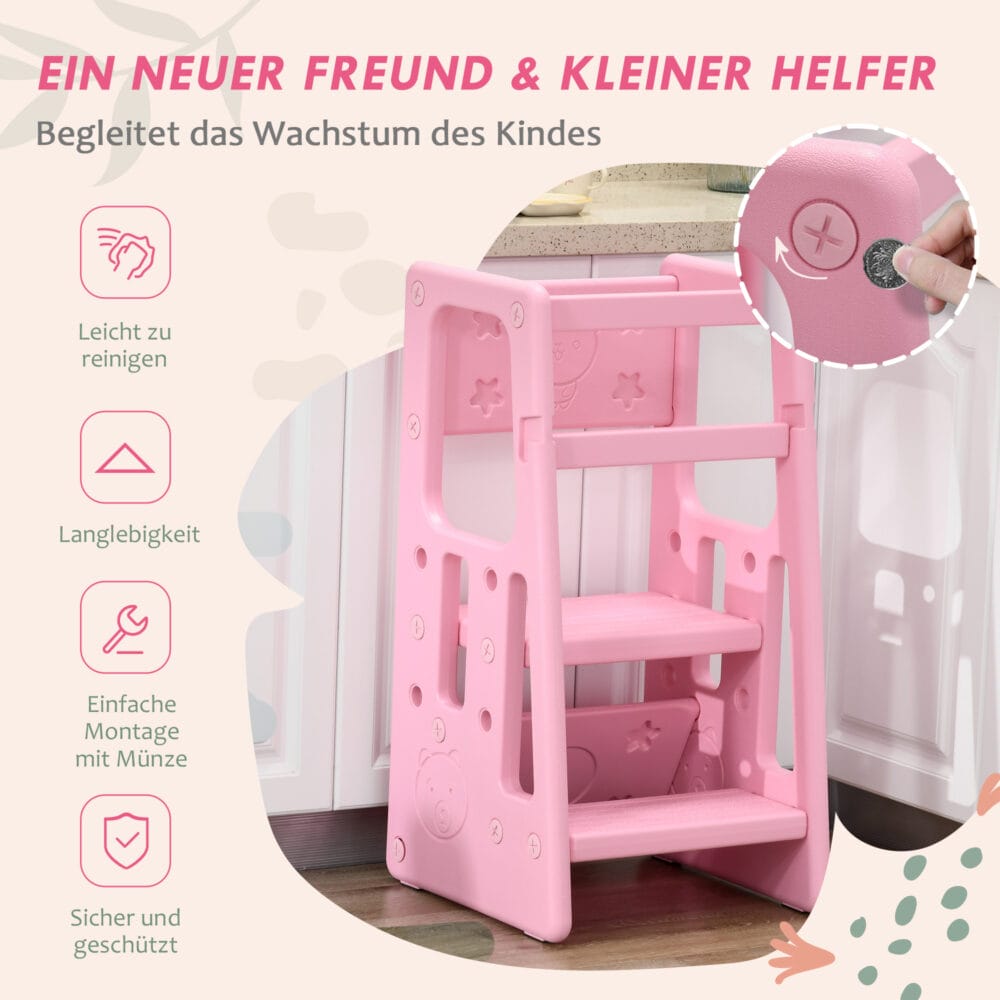 Rosa Kinderleiter Lernturm höhenverstellbar bis 65 kg, Montessori inspiriert für kleine Entdecker und ihre Sicherheit.