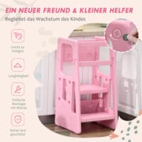 Rosa Kinderleiter Lernturm höhenverstellbar bis 65 kg, Montessori inspiriert für kleine Entdecker und ihre Sicherheit.
