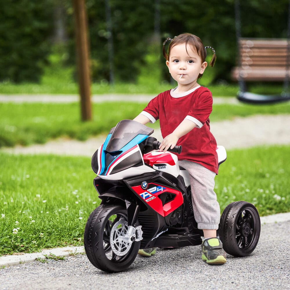 Rotes Elektromotorrad für Kinder ab 18 Monaten mit verschiedenen Musikmodi, für zusätzlichen Fahrspass.